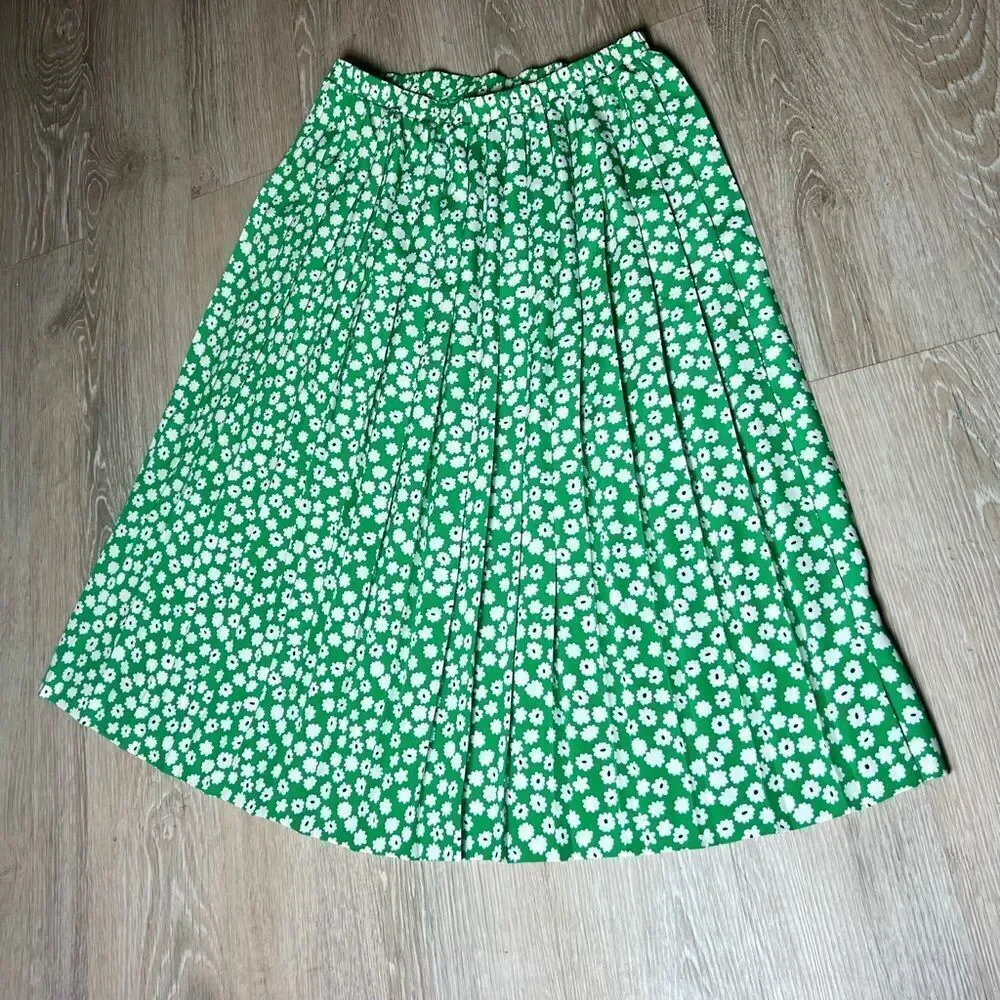 Vtg 90s Andrea Gayle Green Pleated Black White Floral Maxi Skirt 14.5” 12 M L